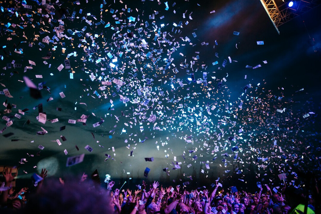 Colorful party lights and confetti at an event